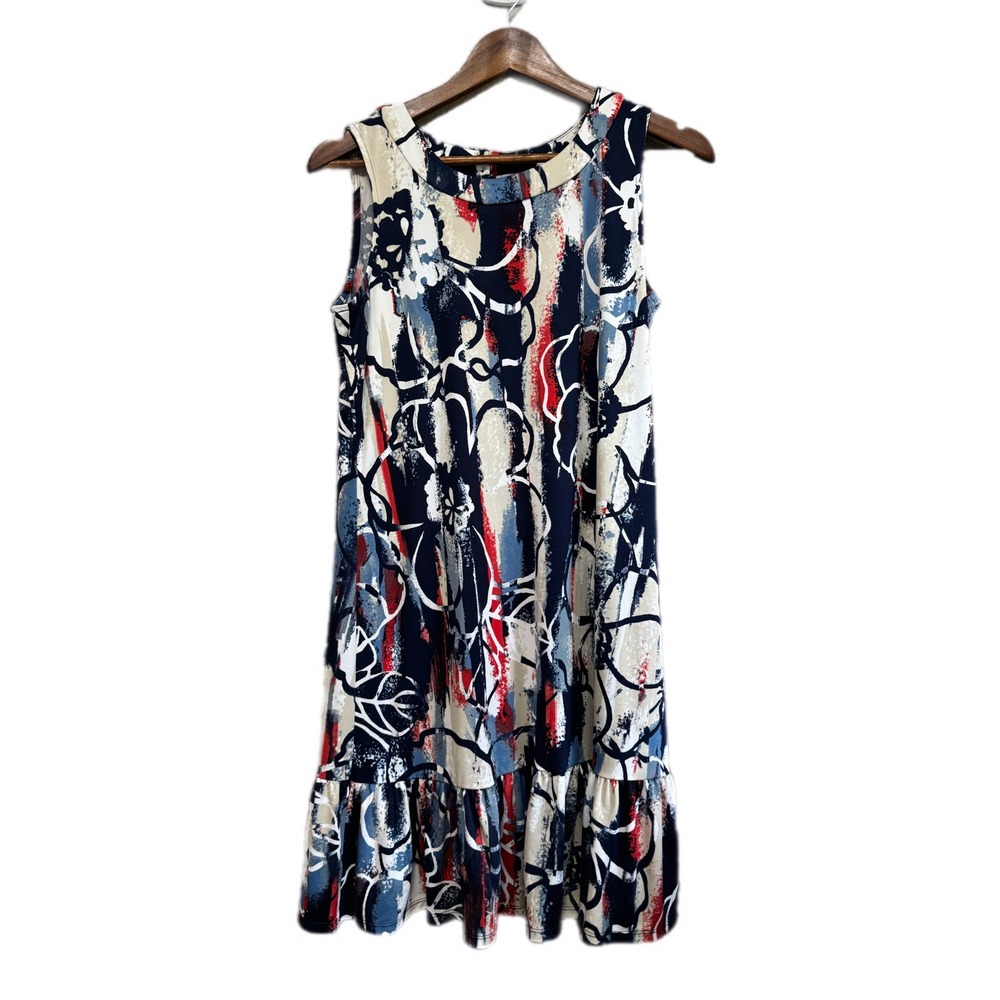 Kim Rogers Dress Womens PM Blue Red Floral Excellent Ruffle Hem Sleeveless Shift